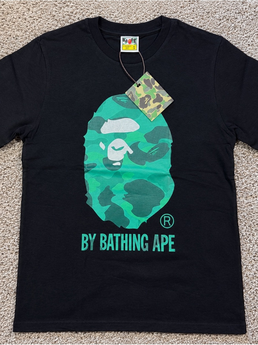 Bape Black Short Sleeve Tee with Green Camo Ape Graphic